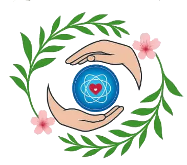 Logotipo oficial de Rayos de Salud: manos que sostienen una esfera de energía rodeada de hojas verdes